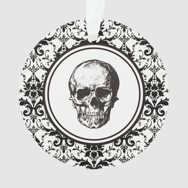HALLOWEEN Black Damask Pattern Skull Personalized Ornament (Front)