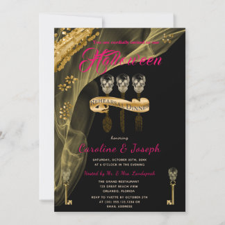 Halloween Black, Gold Skull Keys Rehearsal Dinner Invitation