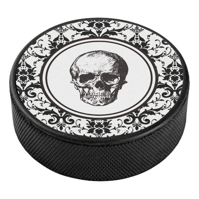 HALLOWEEN Black Gothic Damask Pattern Skull Hockey Puck (3/4)