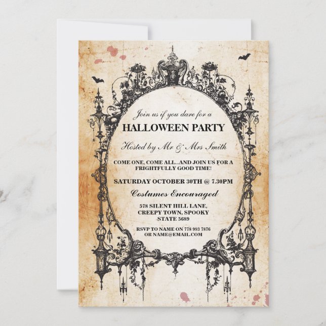Halloween Black Gothic Spider Frame Party Invite (Front)
