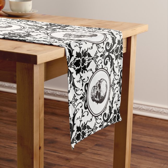 HALLOWEEN Black Gothic Style Damask Pattern Skull Short Table Runner (In Situ)