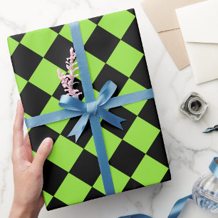 Halloween Black Green Checker Birthday Custom Text Wrapping Paper