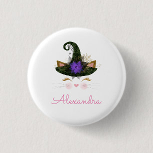 Halloween Black Hat Kitten Witch 1 Inch Round Button