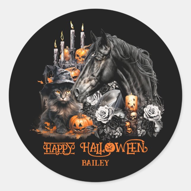 Halloween black Horse black Cat spooky Classic Round Sticker (Front)