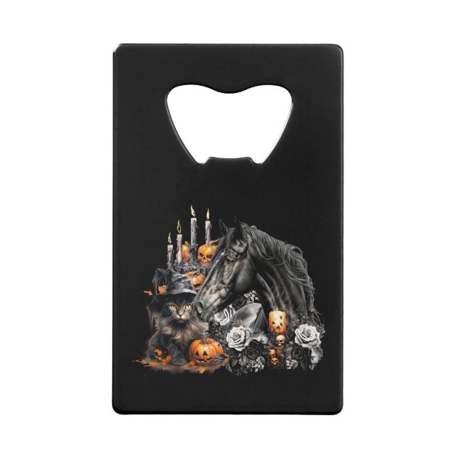 Halloween black Horse black Cat spooky Credit Card Bottle Opener (Front)