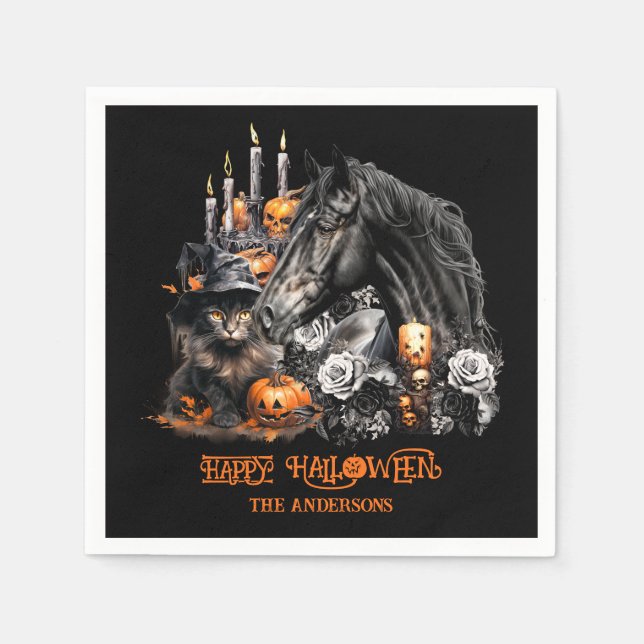 Halloween black Horse black Cat spooky Napkin (Front)