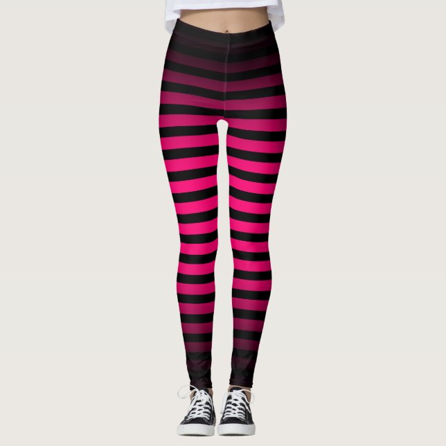 Halloween Black hot pink vertical stripes ombre Leggings (Front)