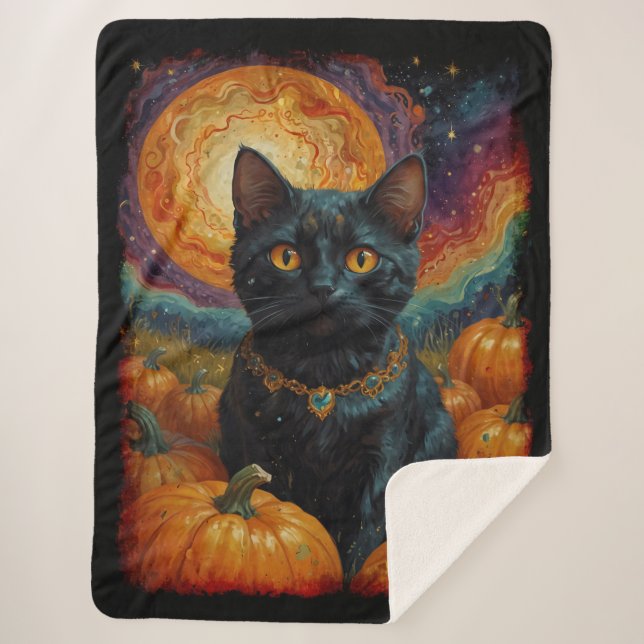 Halloween Black Kitten and Pumpkin  Sherpa Blanket (Front)