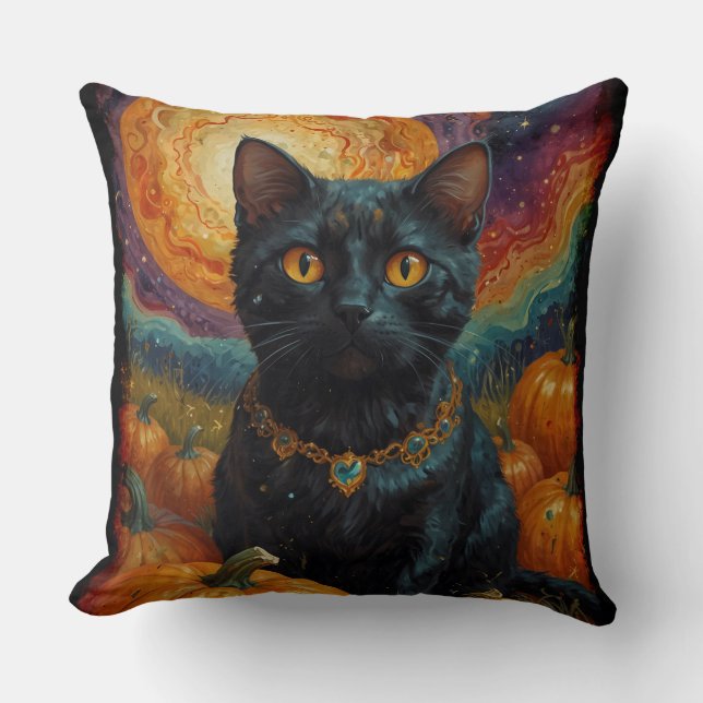 Halloween Black Kitten and Pumpkin  Throw Pillow (Front)