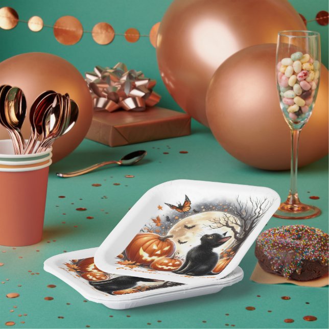 Halloween Black Kitten Kids Party Paper Plate (Multi)