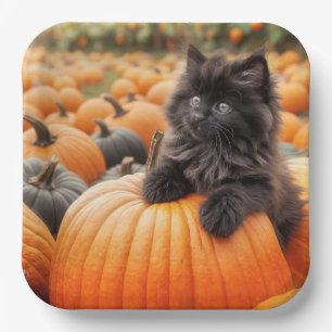 Halloween Black Kitten On a Pumpkin Paper Plate