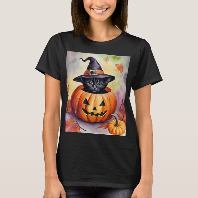Halloween Black Kitten Witch Hat Pumpkin Card T-Shirt (Front)