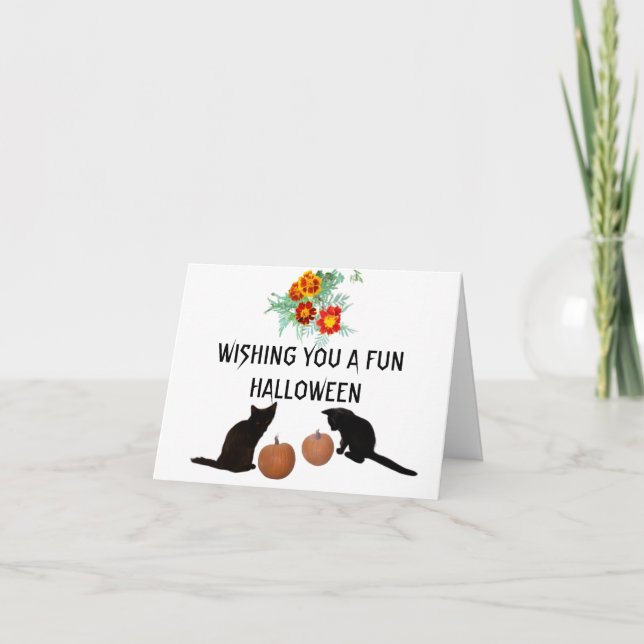 Halloween Black Kittens Orange Pumpkins Marigolds Card (Front)