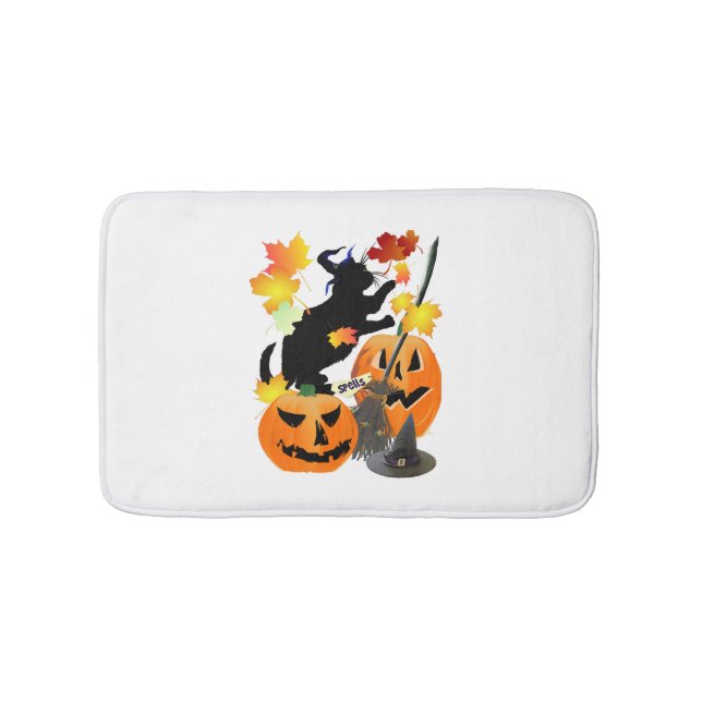 Halloween Black Kitty Batting Pretty Leaves Bath Mat (Front)