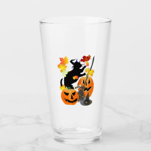 Halloween Black Kitty Batting Pretty Leaves Glass