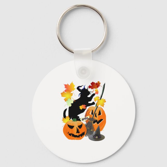 Halloween Black Kitty Batting Pretty Leaves Keychain (Front)