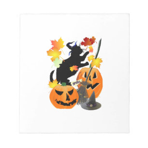 Halloween Black Kitty Batting Pretty Leaves Notepad