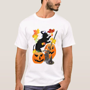 Halloween Black Kitty Batting Pretty Leaves T-Shirt