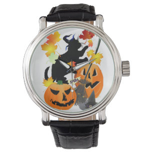 Halloween Black Kitty Batting Pretty Leaves Watch