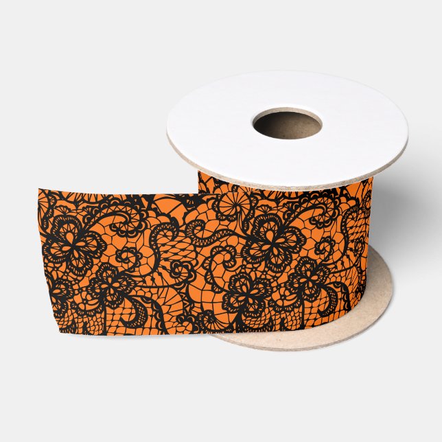 Halloween Black Lace On Orange Satin Ribbon (Spool)
