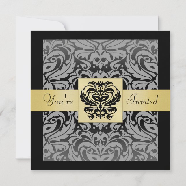 Halloween Black Mask Damask Gold Ribbon Invitation (Front)