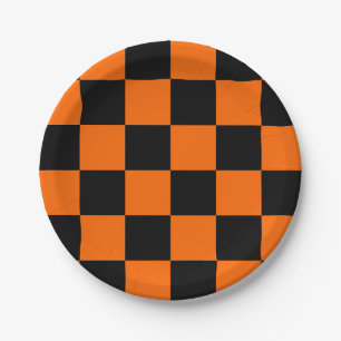 Halloween Black Orange Chequered Paper Plate