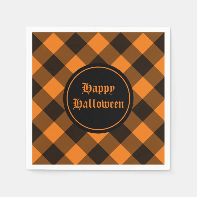 Halloween Black Orange Gingham Check Pattern Napkin (Front)