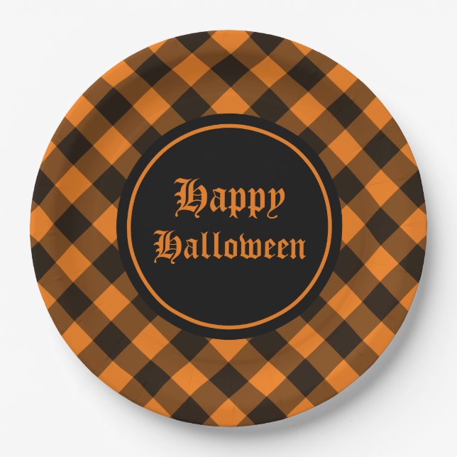 Halloween Black Orange Gingham Check Pattern Paper Plate (Front)