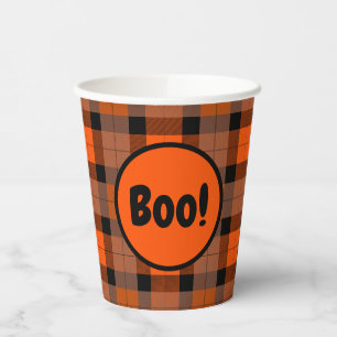 Halloween Black Orange Plaid Boo! Paper Cups