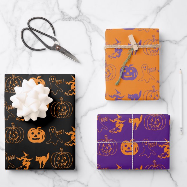Halloween black orange purple spooky pattern  wrapping paper sheet (Front)