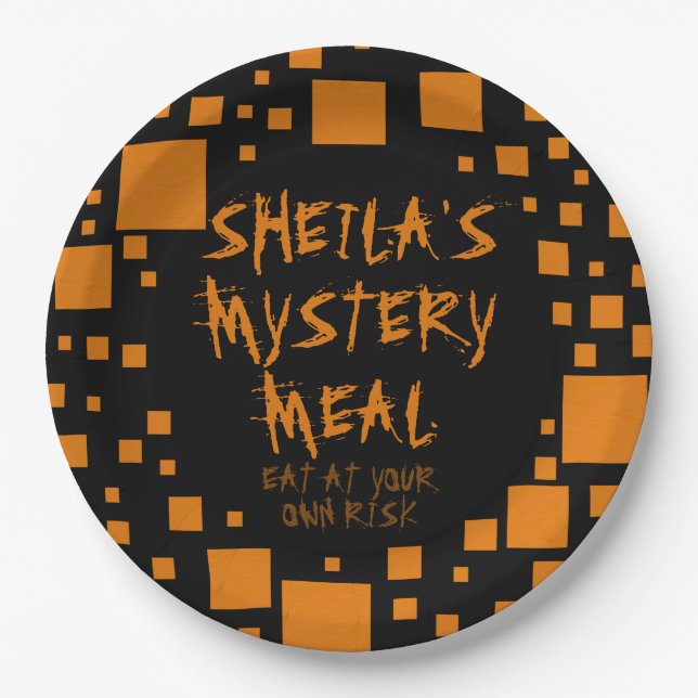 Halloween Black Orange Squares Name Spooky Food Paper Plate (Front)