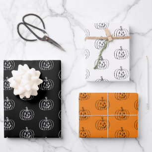 Halloween black orange white jack o lantern wrapping paper sheet