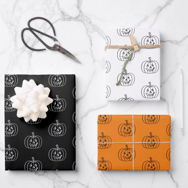 Halloween black orange white jack o lantern wrapping paper sheet (Front)