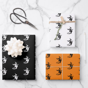 Halloween black orange white witch pattern wrapping paper sheet