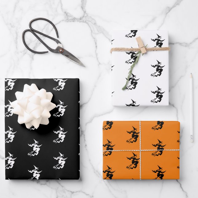 Halloween black orange white witch pattern wrapping paper sheet (Front)
