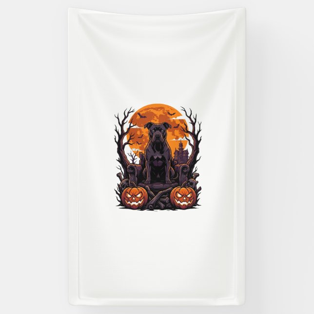 Halloween Black Pitbull Throne Pumpkins Full Moon_ Banner (Vertical)