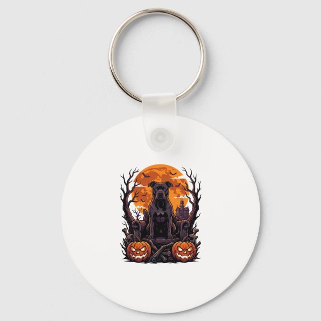 Halloween Black Pitbull Throne Pumpkins Full Moon_ Keychain (Front)