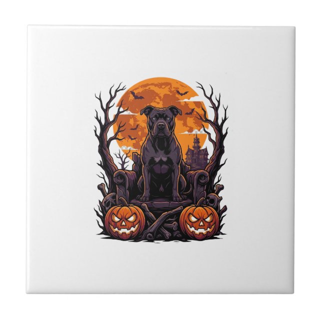 Halloween Black Pitbull Throne Pumpkins Full Moon_ Tile (Front)