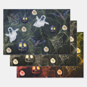 Halloween Black Pumpkin, Ghosts and Spider Web Wrapping Paper Sheet