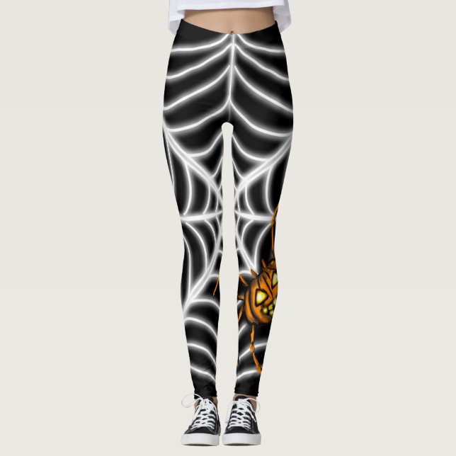 Halloween black pumpkin spider web leggings (Front)