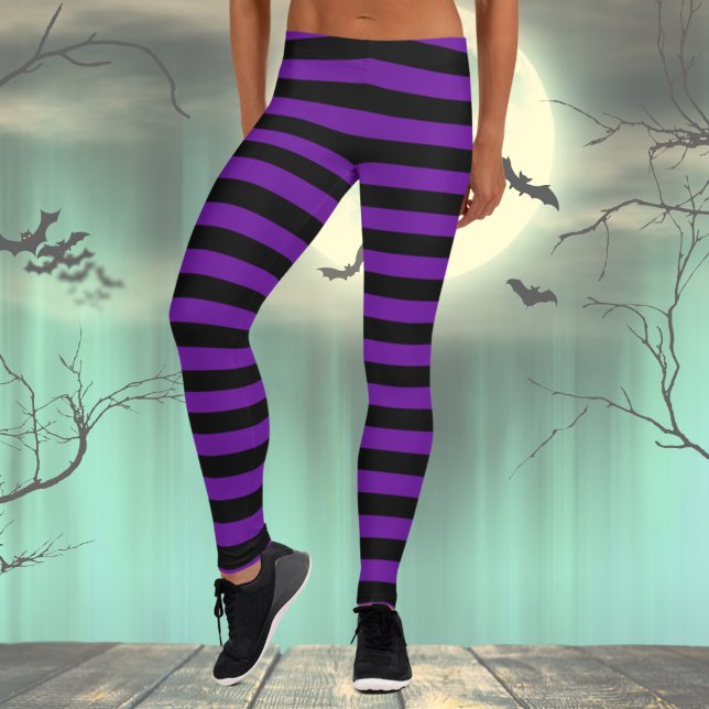 Halloween Black & Purple Witch Costume Leggings (Black and Purple Striped Leggings, Halloween Costume)