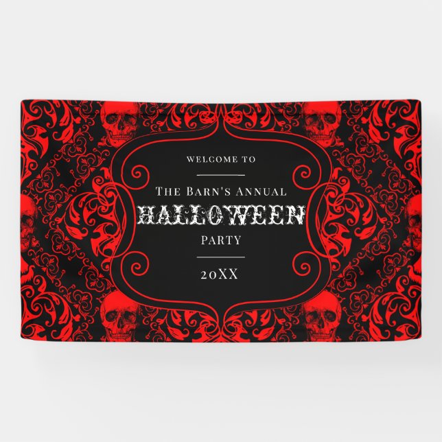 Halloween Black Red Gothic Skull Damask  Banner (Horizontal)