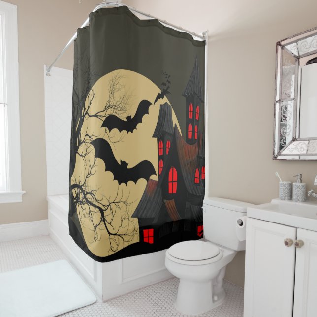 Halloween Black Red Haunted House Bat Full Moon (In Situ)