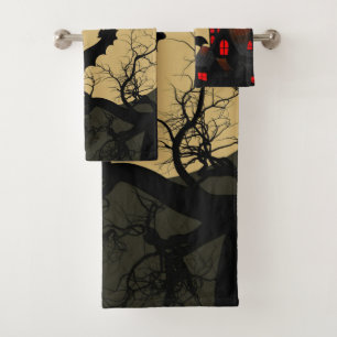 Halloween Black Red Haunted House Bat Full Moon Bath Towel Set