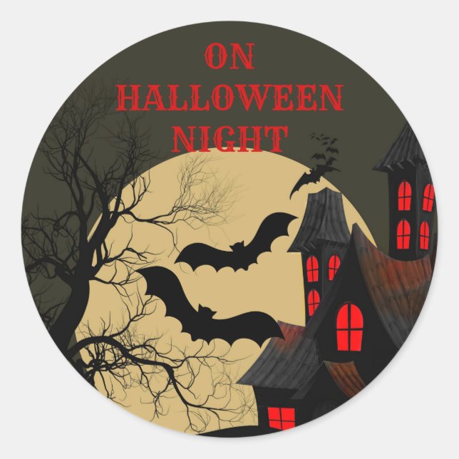 Halloween Black Red Haunted House Bat Full Moon Classic Round Sticker (Front)