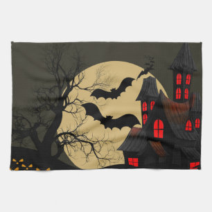 Halloween Black Red Haunted House Bat Full Moon Kitchen Towel