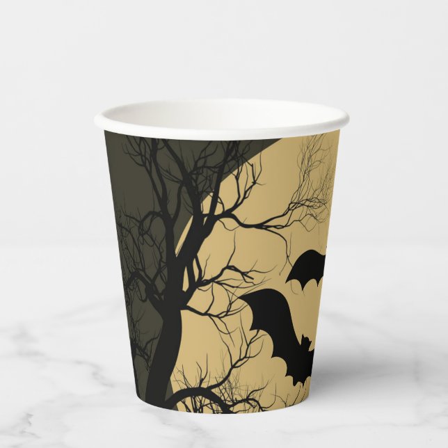 Halloween Black Red Haunted House Bat Full Moon Paper Cups (Front)