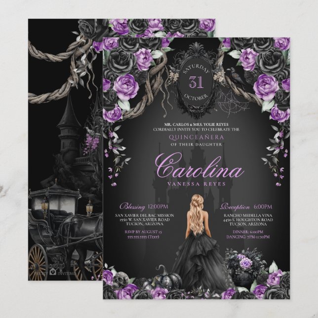 Halloween Black Roses Purple Princess Quinceañera Invitation (Front/Back)