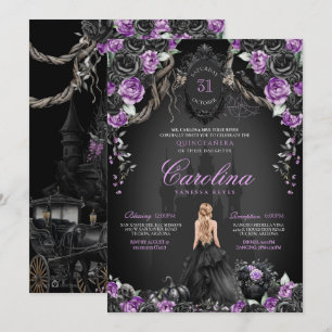 Halloween Black Roses Purple Princess Quinceanera Invitation