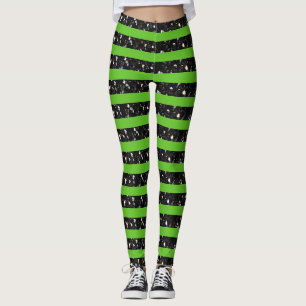 Halloween Black sparkles stripes lines on green Leggings